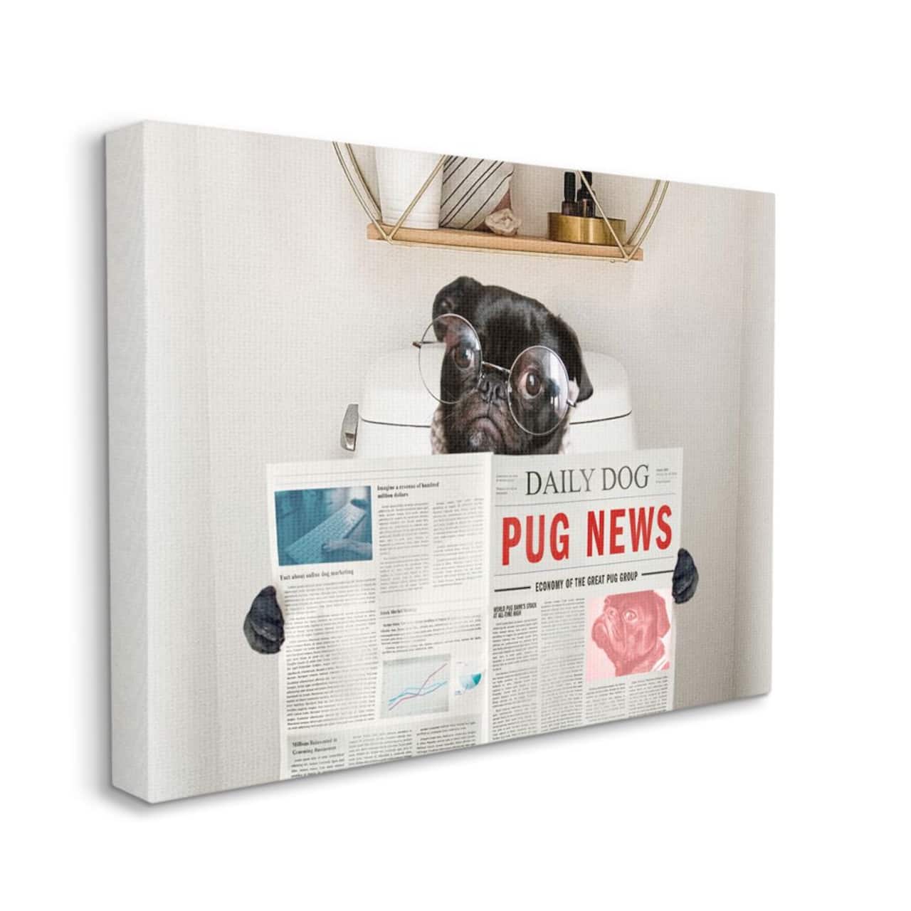 Stupell Industries Bathroom Pug Daily Toilet Briefing Dog Humor Canvas Wall Art